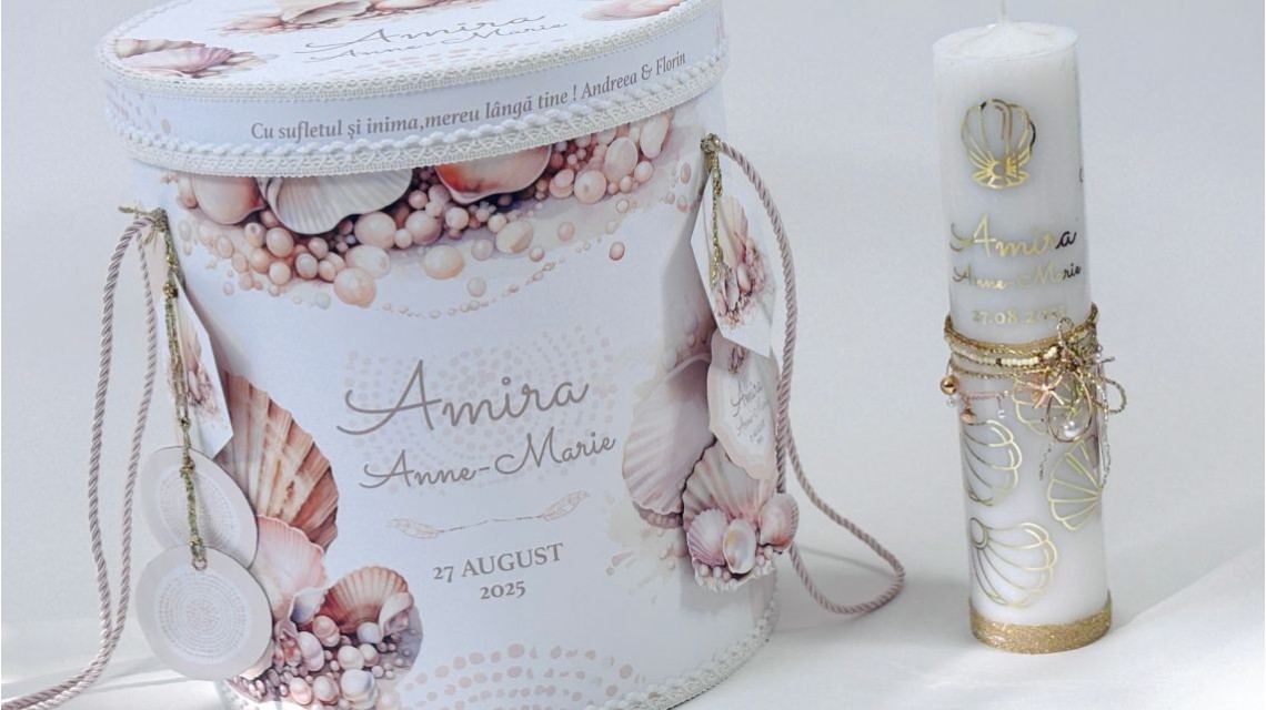 Lumânare botez cu scoici și folio gold – „Perle Aurii” 9
